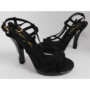 CHANEL Black Strappy Fabric Stiletto Open Toe Heels Women's 38‎